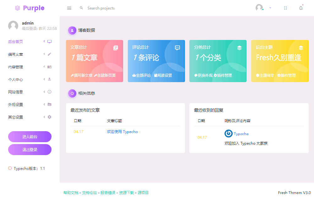 Fresh-久别重逢-小清新_typecho扁平化自适应后台主题 Fresh-久别重逢-小清新_typecho扁平化自适应后台主题