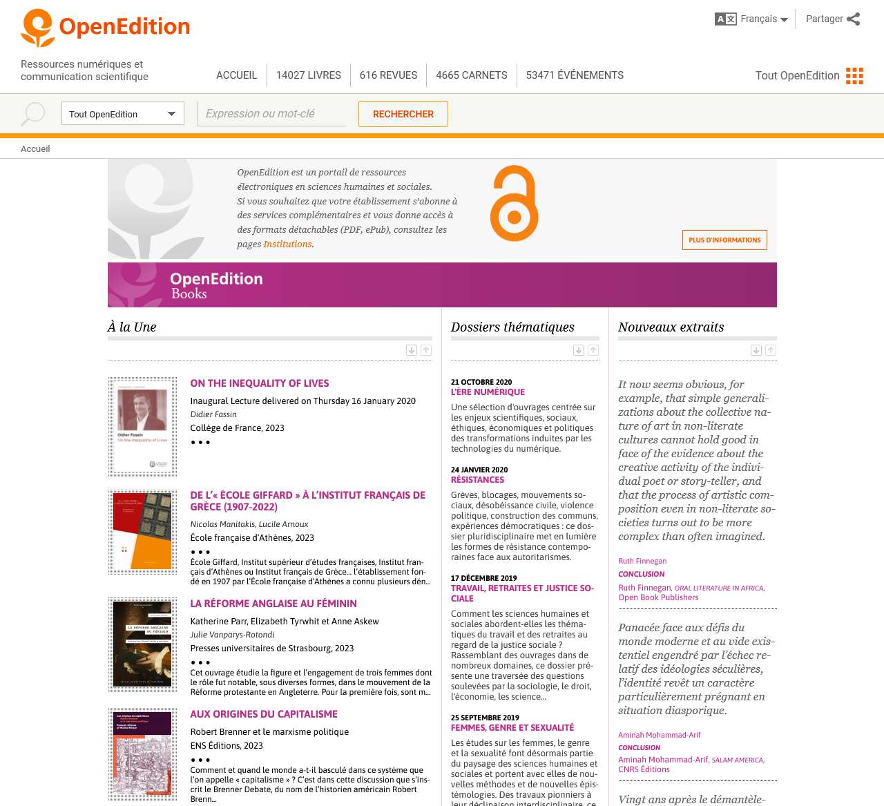 OpenEdition: four platforms for electronic resources in the humanities and social sciences: OpenEdition Books, OpenEdition Journals, Hypotheses, Calenda